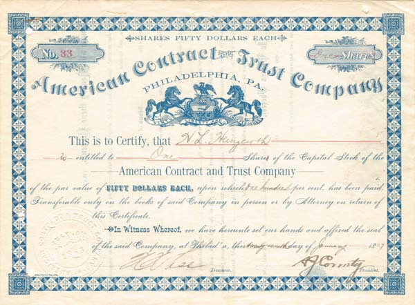 American Contract and Trust Co - Stock Certificate